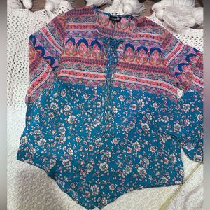 Tolani small Floral Bohemian Women's Top - Blue and Pink asymmetrical silk